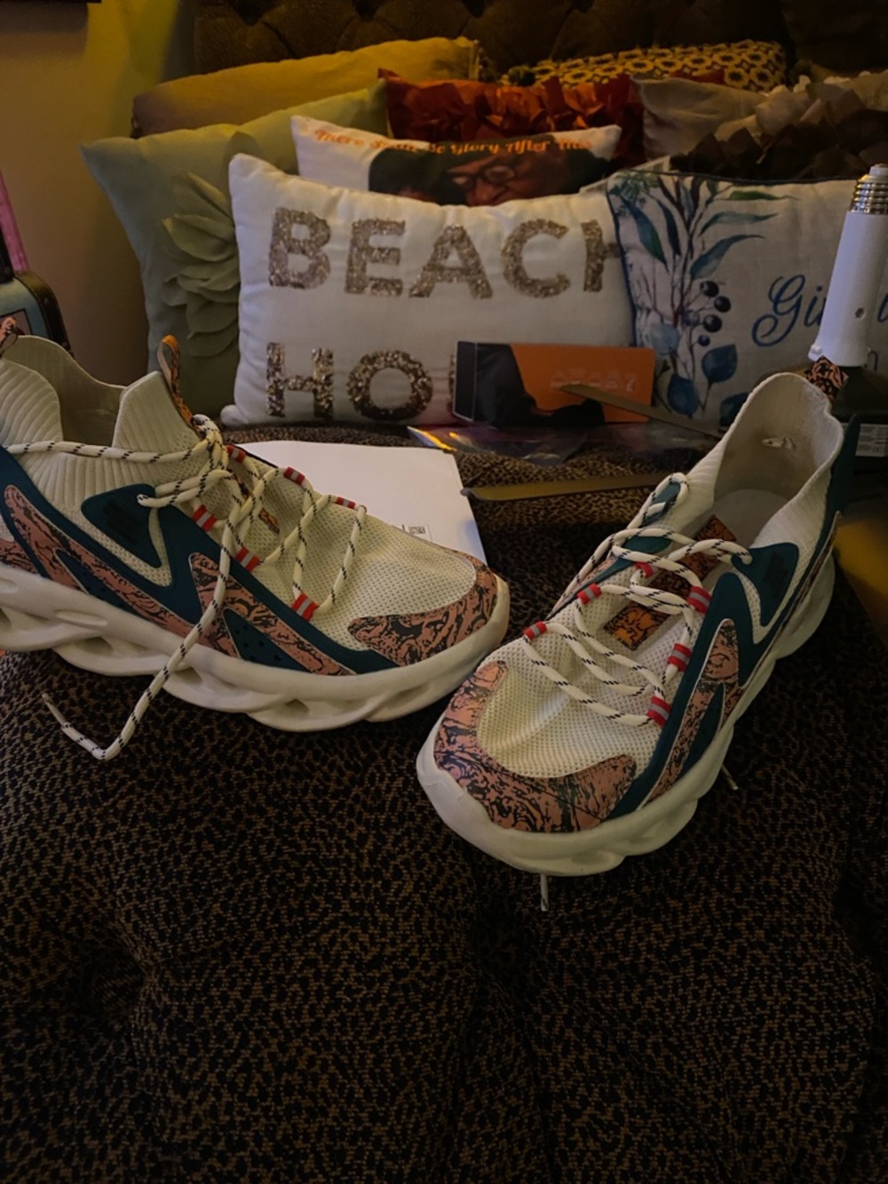 Men's White and Teal Patterned Athletic Sneakers with Pink Accents